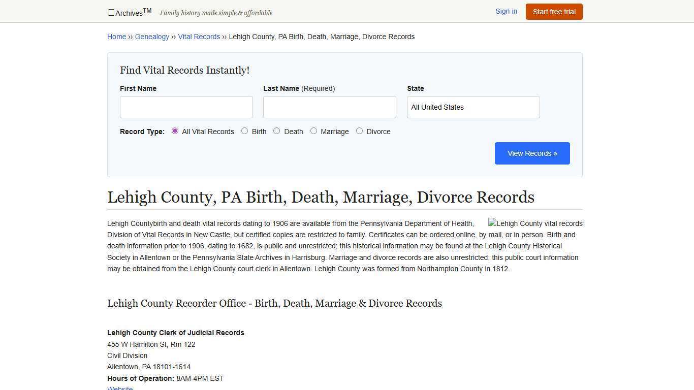 Lehigh County, PA Birth, Death, Marriage, Divorce Records